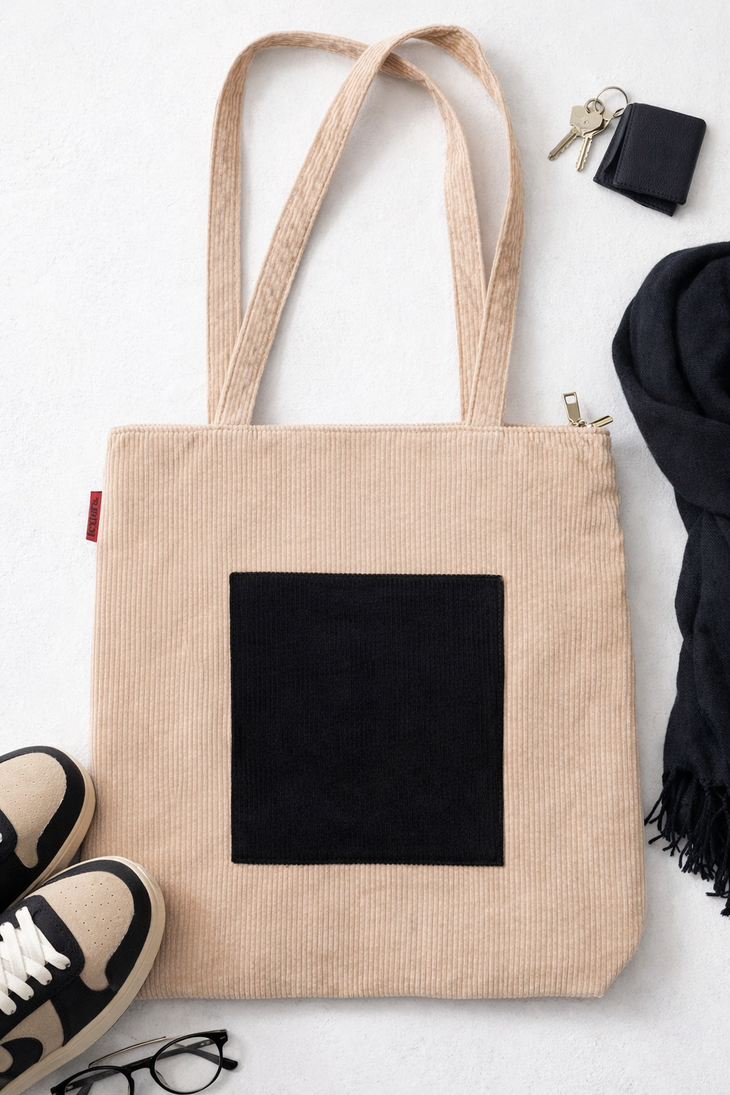 Atera — beige and black corduroy tote with sneakers