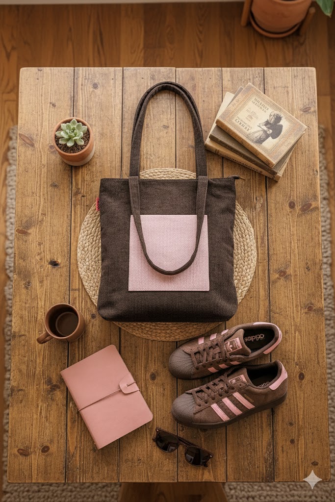Brown and pink corduroy tote styled with matching Gazelle-style sneakers