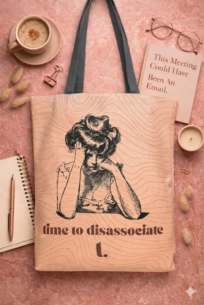 Time to Disassociate printed tote lifestyle flat lay