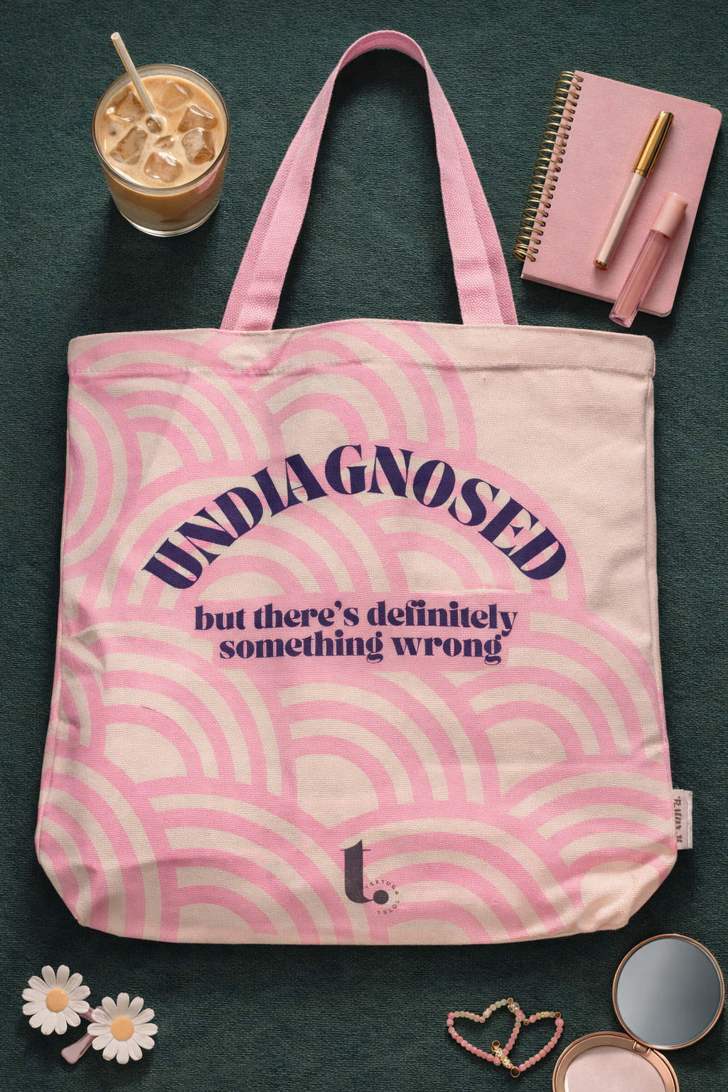Undiagnosed humorous printed tote on green background